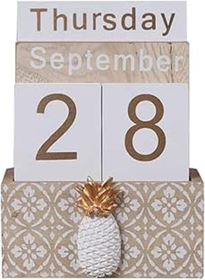 Wooden Perpetual Calendar, Buery Vintage Wood Block Perpetual Calendar Desk Accessory Month Week Date Blocks for Desk Home Office Decoration
